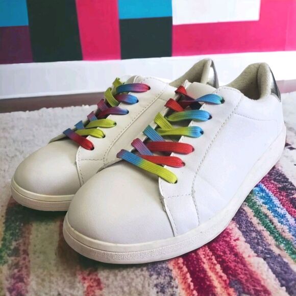 Torrid Shoes - Torrid Sneakers Womens 7.5 Wide White Rainbow Laces Faux Leather Lace-Up Casual